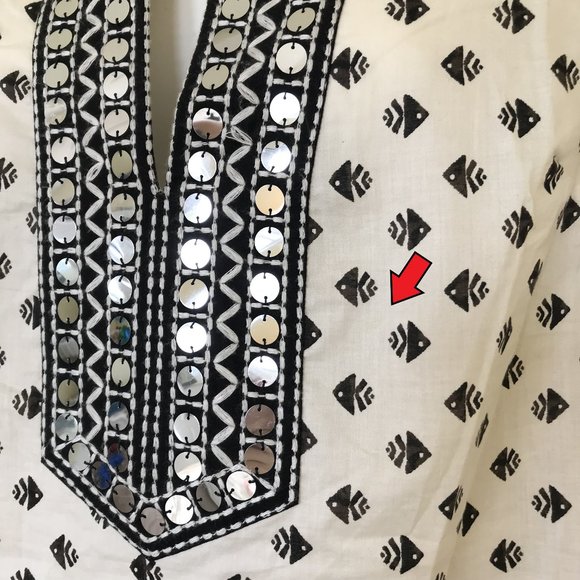 Tory Burch Ivory & Black Fish Print Long Sleeve Tunic Top with Mirror Sequins - Picture 4 of 10